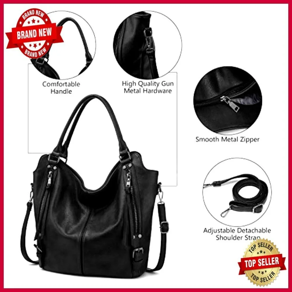 Large PU Leather Hobo Tote with Adjustable Strap, Multiple Pockets